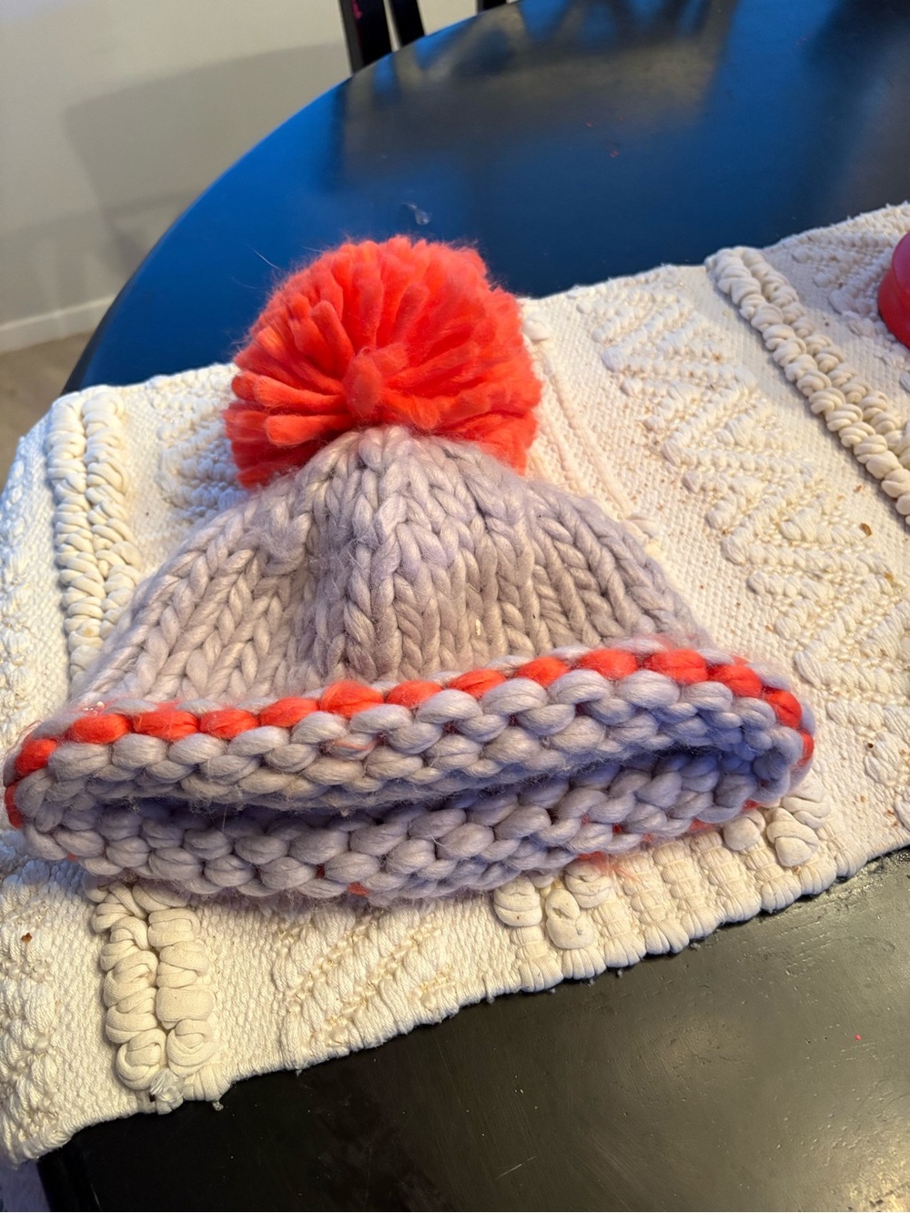 Handknit Pom Pom Beanie - Lavender with Bright Coral Accent